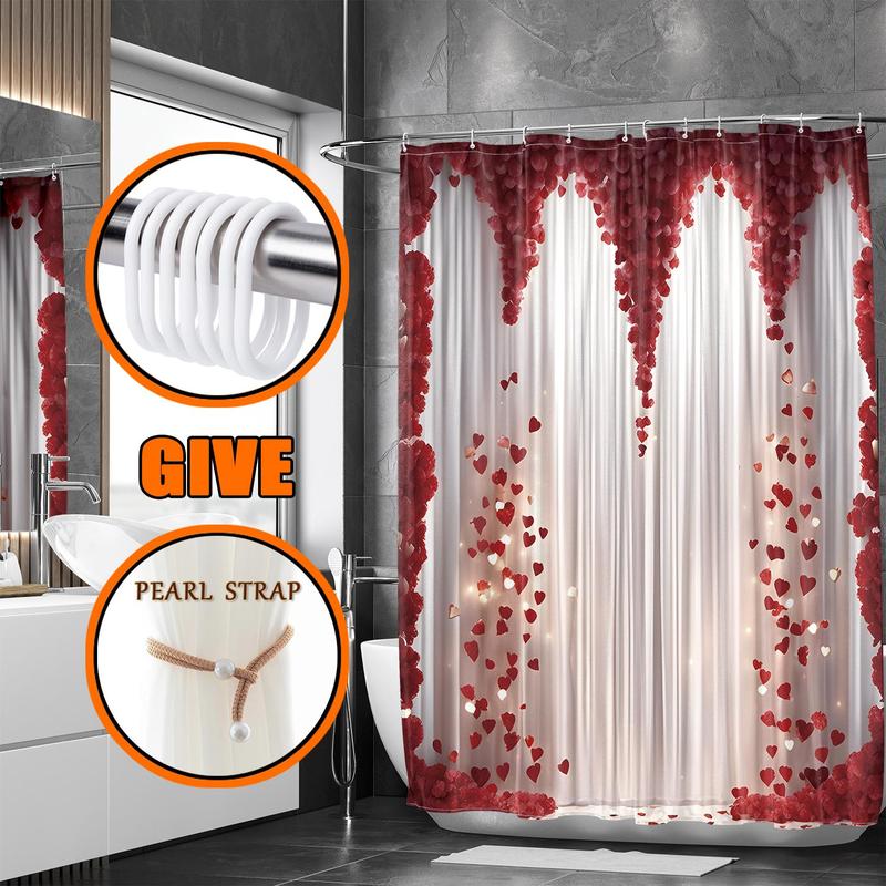 Romantic Rose Pattern Bath Curtain, Waterproof Shower Curtain with 12pcs Hooks, Bathroom Curtain, Household Bathroom Accessories