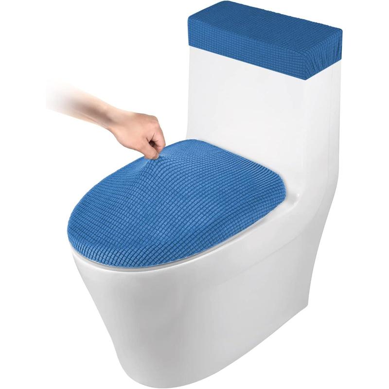 Toilet Lid Cover and Toilet Tank Cover Stretch Toilet Covers Set for Bathroom, Polyester Spandex Jacquard Fabric, Machine Washable, with Elastic Bottom, Black Seat