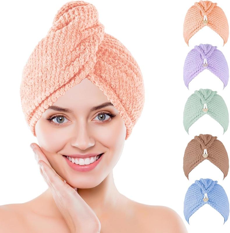 Microfiber Hair Towel Wrap, 5 Pack Soft Hair Drying Towel with Elastic Band, Drying Hair Wrap Towels for Curly, Hair Towel Wrap for Women, Fast Drying Hair Turban, Hair Turbans for Wet Hair