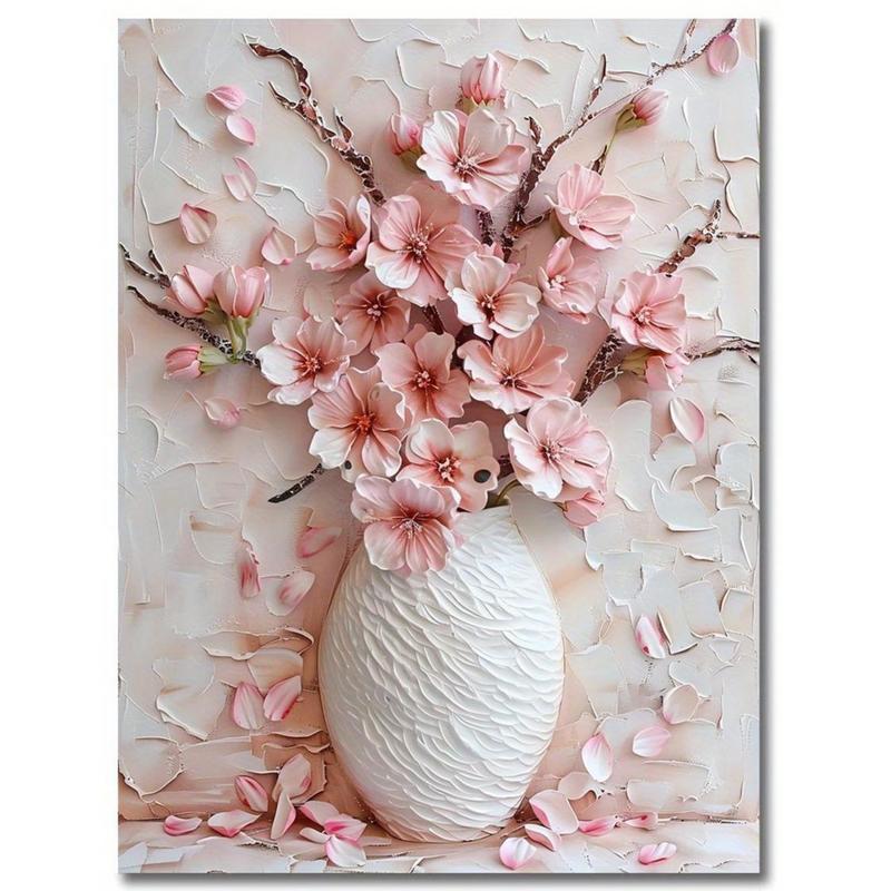 Charming Pink Floral Vase Canvas Art , Textured Background with Green Leaves & Light Beige Walls - Perfect for Living Room Decor(Frameless)