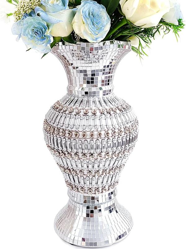 Large Ceramic Vase Inlaid with Rhinestones Vintage Silver Flower Vase for Home Decor 30cm Flower Vase