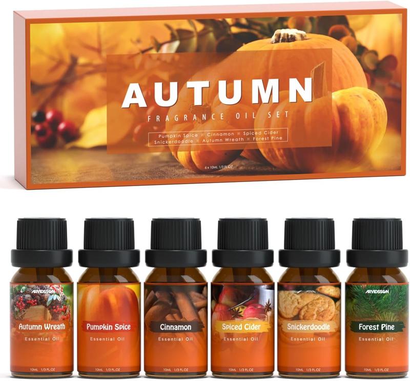 Autumn Fragrance Oil Set,  Fall Essential Oils for Diffuser and Candle Making, Pumpkin Spice, Cinnamon, Spiced Cider, Snickerdoodle, Autumn Wreath, Pine, Cozy Scented Oils