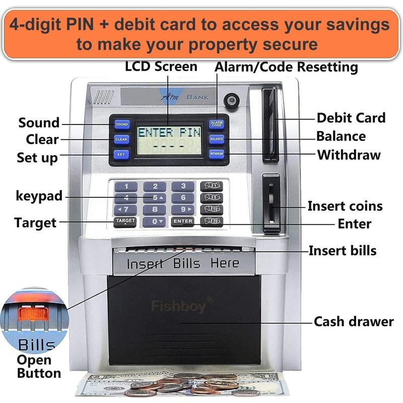 2024 Upgraded ATM Piggy Bank for Kids with Power-Off Memory and Debit Card for Real Money, Onekey Shutdown, Coin Recognition, Target Setting, Bill Feeder, Balance Calculator, Savings Machine Box