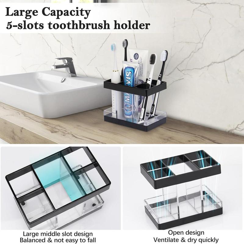 Holders for Bathrooms Countertop Organizer - Electric Holder Set, 5 Slots Toothpaste Holder, Makeup Brush Storage Caddy for Family Shower Clear Black