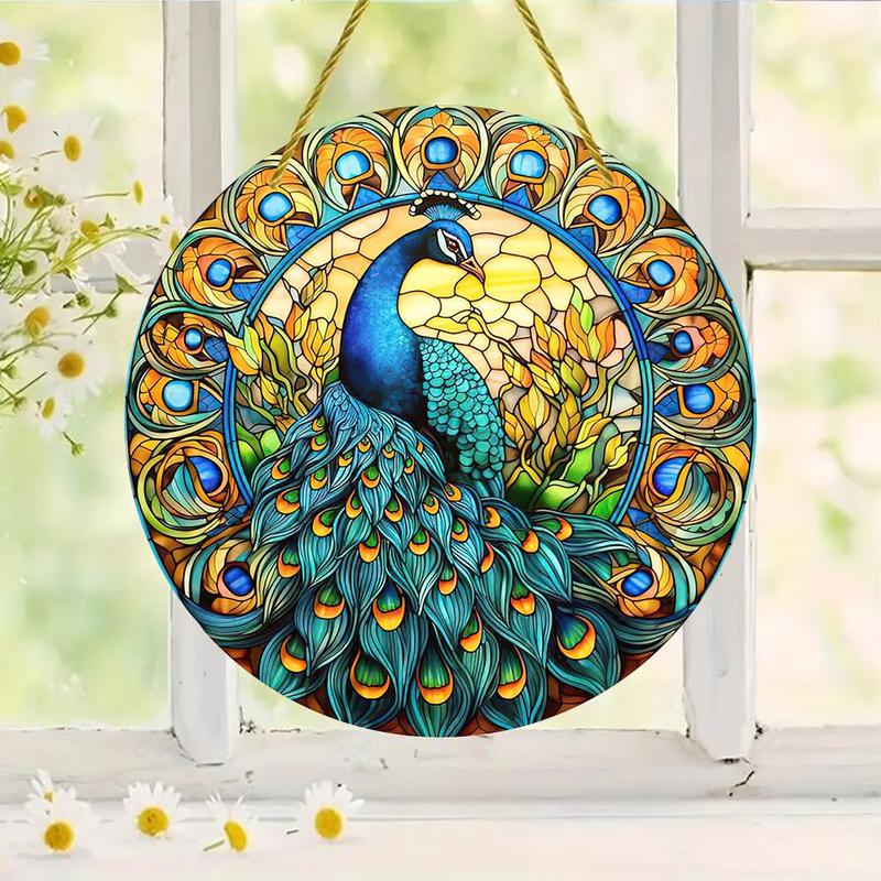 Peacock Pattern Hanging Decoration, Round Acrylic Hanging Ornament, Hanging Door Sign for Home Garden Yard, Spring Decorations for Home