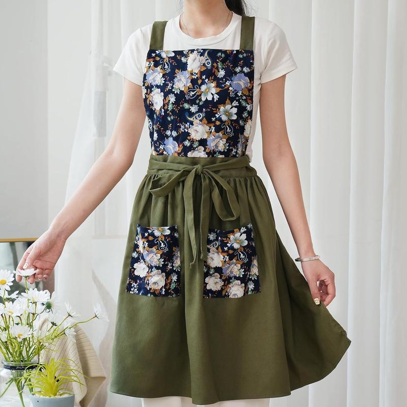 Apron Dress for Women with Pockets Cute Floral Chef Aprons for Kitchen Cooking Baking Gardening