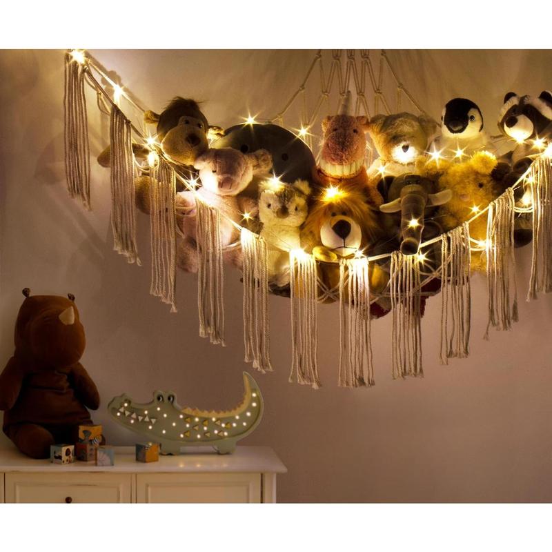 Stuffed Animal Hammock Corner with LED Light - Storage Hammock Plushie Net Large - Cute Stuff Animals Holder Hanging Organizer -  Room Decor  Nursery Bedroom Boho