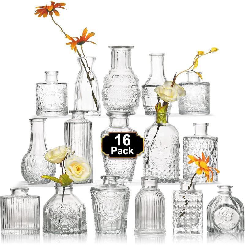 16Pcs Glass Bud Vase Set Small Flower Vase for Centerpieces Clear Bud Vases in Bulk  Mini Vintage Vase for Rustic Wedding Decorations