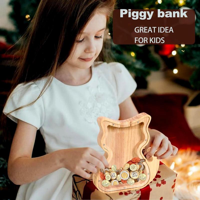 Piggy Bank,Cute Money Bank for Boys and Girls,Wooden Piggy Bank for ,Savings Box,  Bank, Savings Creative Saving  Jar for 3.4.5.6.7.8.9 Years Old and Daily Life. (Small, Cat)