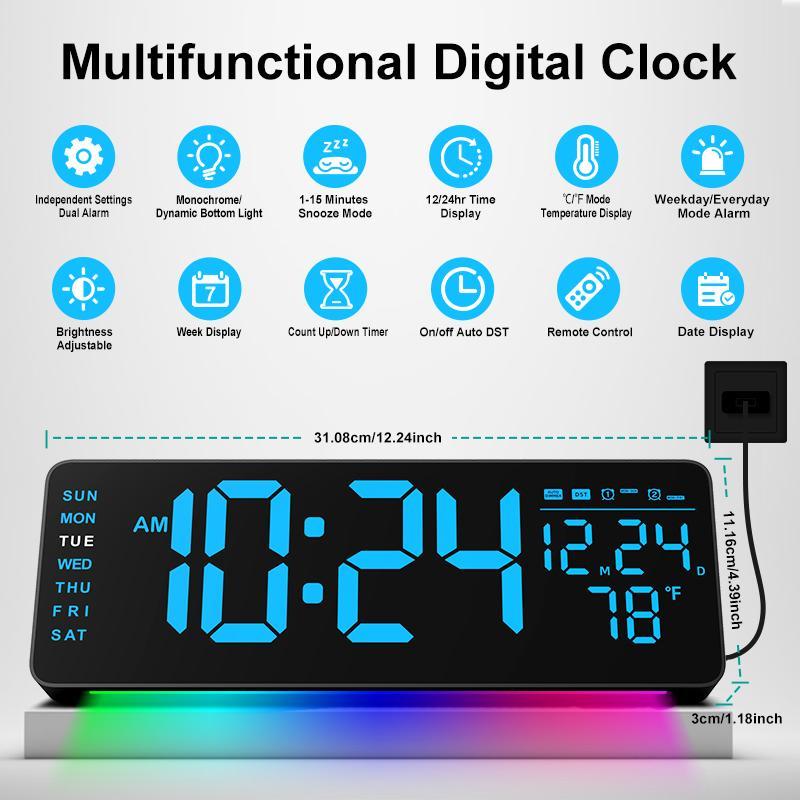 Room Decor Large Screen Digital Wall Decor Clock, 1 Count USB & Battery Powered Indoor Temperature Date Week Display Clock with Remote Control, Countdown Digital Alarm Clock with Night Light for Home Office Dormitory School