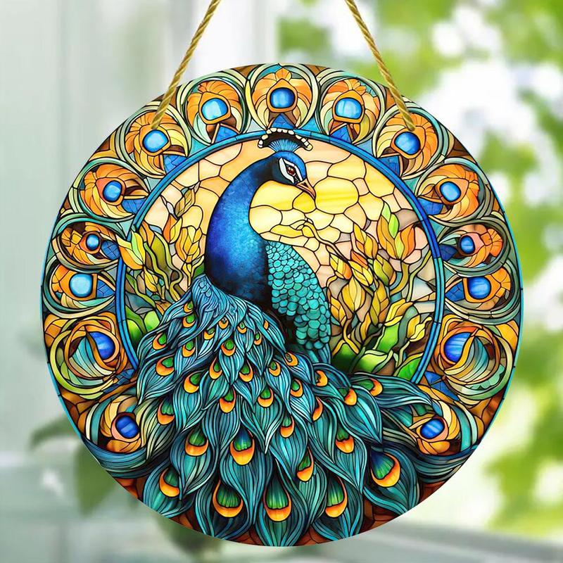 Peacock Pattern Hanging Decoration, Round Acrylic Hanging Ornament, Hanging Door Sign for Home Garden Yard, Spring Decorations for Home