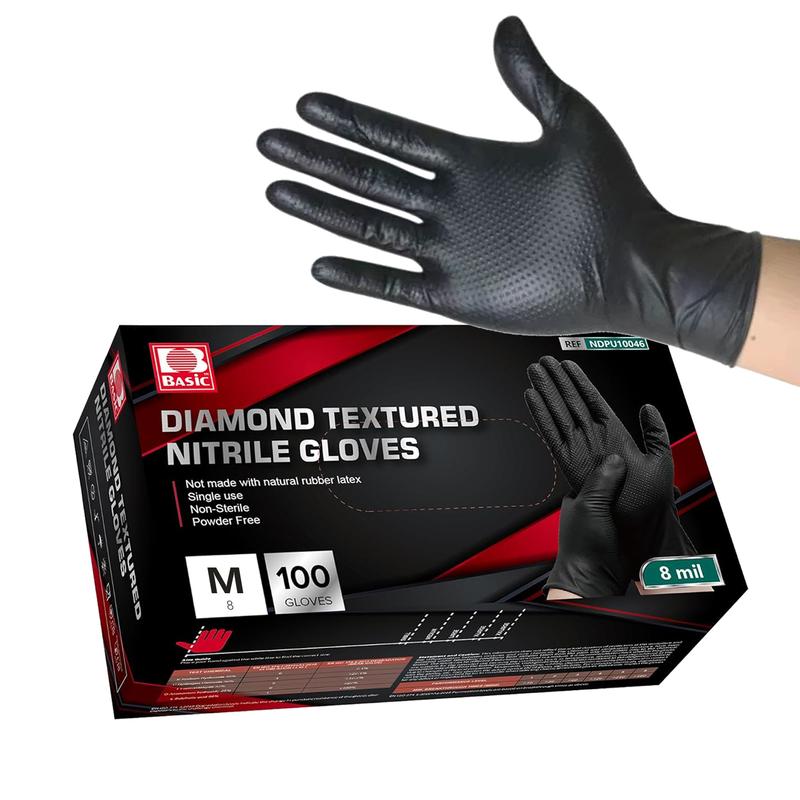 Heavy-duty black nitrile disposable gloves 8 mil diamond-textured grip for industrial, food applications, latex and powder free Cleaning Rubber