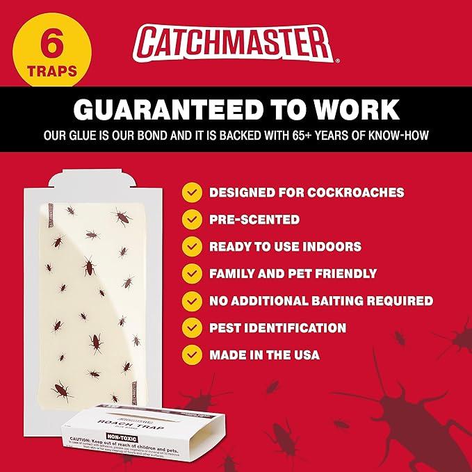 Catchmaster Roach Trap Glue Boards 6-Pk, Adhesive Bug Catcher, Scorpion, Spider, Cricket, & Cockroach Traps for Home, Bulk Glue Traps for House & Garage, Pet Safe Pest Control