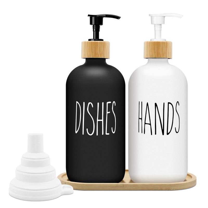 Soap Dispenser Bottle with Wooden Tray, 2 Counts set Multicolor 500ml Hand Soap Dispenser Bottle, Bathroom Supplies for Home Kitchen Hotel Dormitory Office