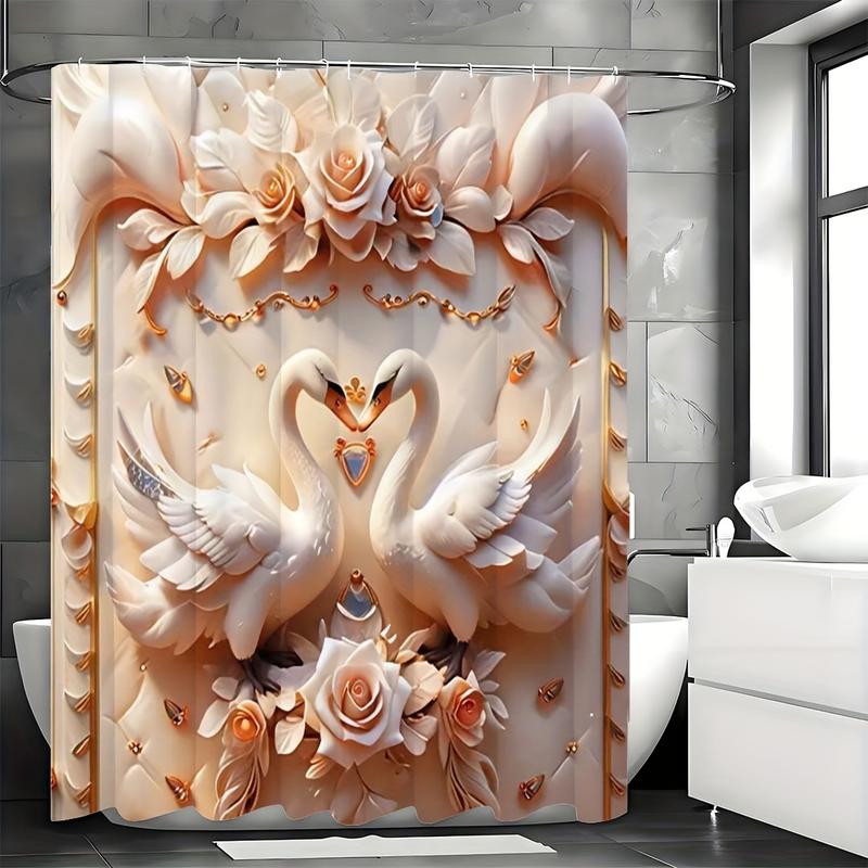 Shower Curtain Set Exquisite 1 Count 3D Swan Embossed Pearl Print  - Decorative Bathroom Ensemble with Waterproof Shower Curtain and 12 Plastic Hooks