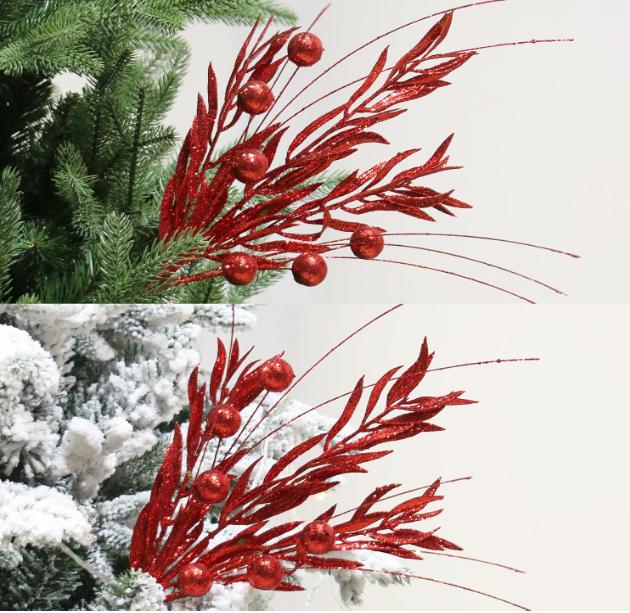 10PCS Artificial Glitter Berry Stems Branches for Christmas Tree Ornaments Picks Twigs Xmas Vase Filler Home Wedding Holiday Decor - Red