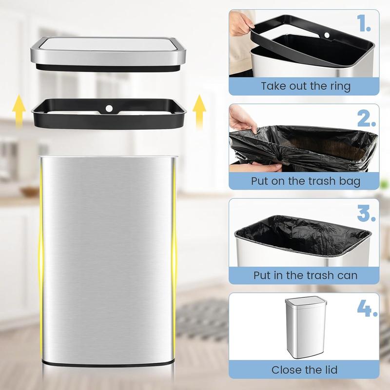 13 Gallon Automatic Trash Can, Rectangular Motion Sensor Waste Trash Bin w Soft Close Lid & Deodorizer Compartment, Smart Touchless Stainless Steel Garbage Can for Kitchen Office