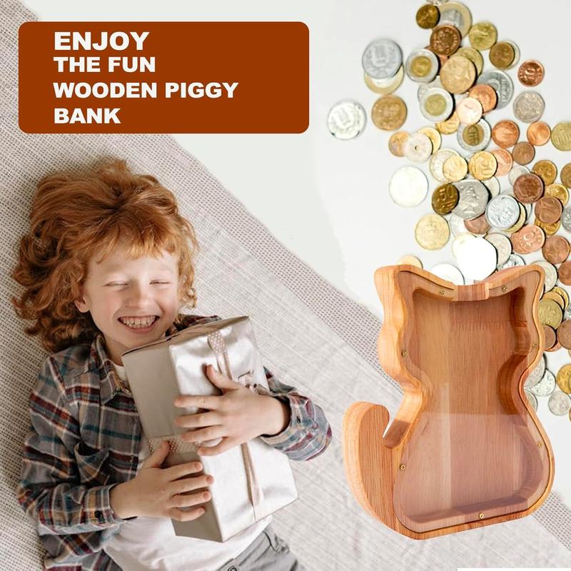 Piggy Bank,Cute Money Bank for Boys and Girls,Wooden Piggy Bank for ,Savings Box,  Bank, Savings Creative Saving  Jar for 3.4.5.6.7.8.9 Years Old and Daily Life. (Small, Cat)