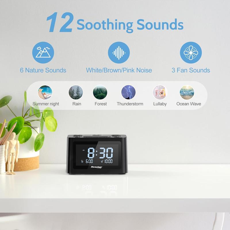 Dual Alarm Clock & Sleep Sound Machine, USB Charger, 12 Soothing Sounds, 6 Wake Up Sounds, Auto-Off Timer, 0-100% Dimmer - Ideal for Bedroom, Bedside (R3, X002KQ81H7)