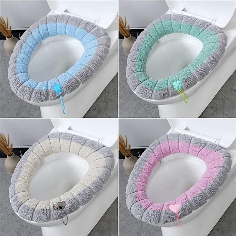 4 Pieces Toilet Cover Toilet Seat Cover Pads with Handle Toilet Lid Cover Cushion Thicker Bathroom Soft Toilet Seat Cover Soft Thicker Stretchable Washable Fits All Oval Toilet Seats Set Set