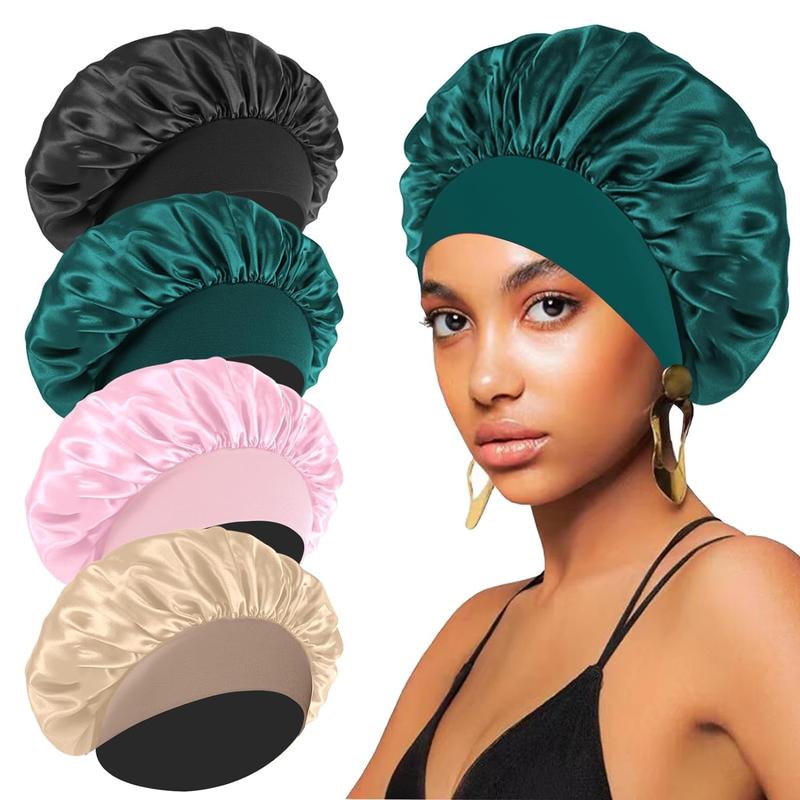 4 Count Silk Bonnet for Sleeping,Hair Satin Bonnets for Black Women Men,Hair Wrap Cap for Curly Hair,Elastic Wide Band Hair Bonnet Shower Cap for Sleeping (Black & Peacock Blue & Pink & Khaki)