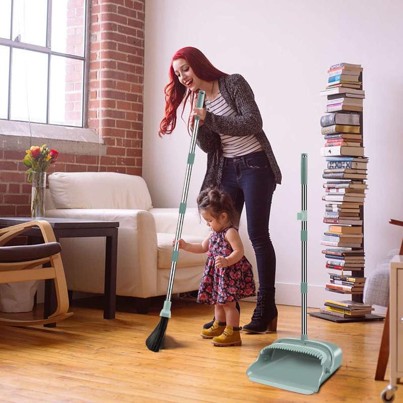 Upgraded Broom and Dustpan Set, Large Size and Stiff Broom Dust pan with Long Handle, Upright,Ideal for Indoor Outdoor Garage Kitchen