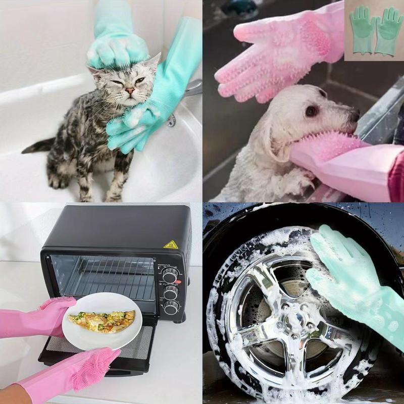 Silicone Dish Washing Gloves, 2 Pairs Kitchen Cleaning Gloves, Multifunctional Pet Bathing & Grooming Gloves, Household Cleaning Supplies