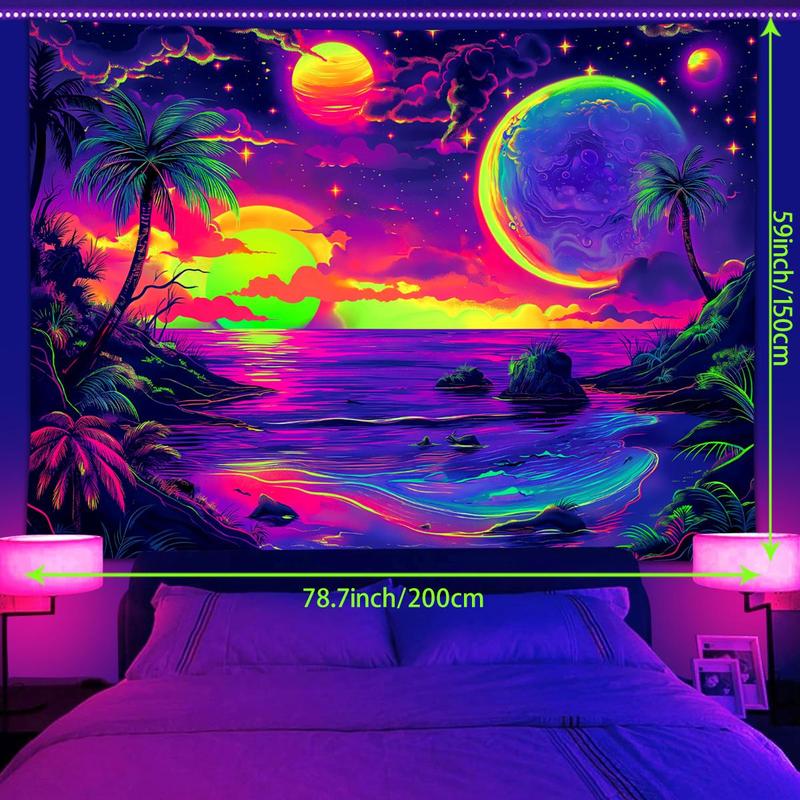 Galaxy Pattern Tapestry, 1 Count UV Reactive Beach Coconut Tree Sky Sunset Fluorescent Tapestry, Aesthetic Art Decoration Hanging Wall for Room Living Room Dormitory Dining Room