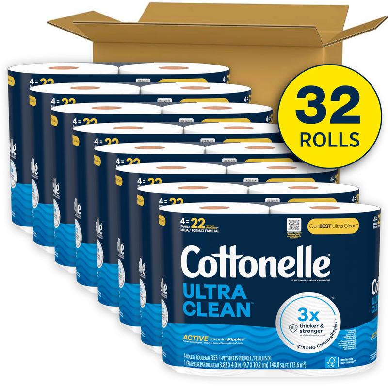 Ultra Clean Toilet Paper with Active CleaningRipples Texture, 32 Family Mega Rolls (32 Family Mega Rolls = 176 Regular Rolls) (8 Packs of 4), 353 Sheets Per Roll, Packaging May Vary