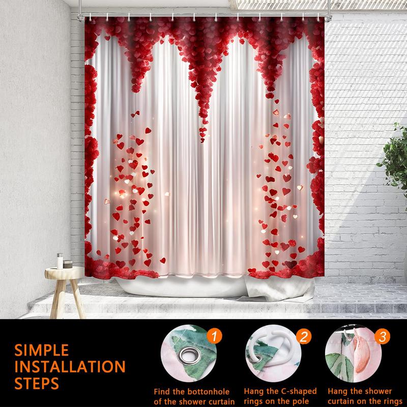 Romantic Rose Pattern Bath Curtain, Waterproof Shower Curtain with 12pcs Hooks, Bathroom Curtain, Household Bathroom Accessories