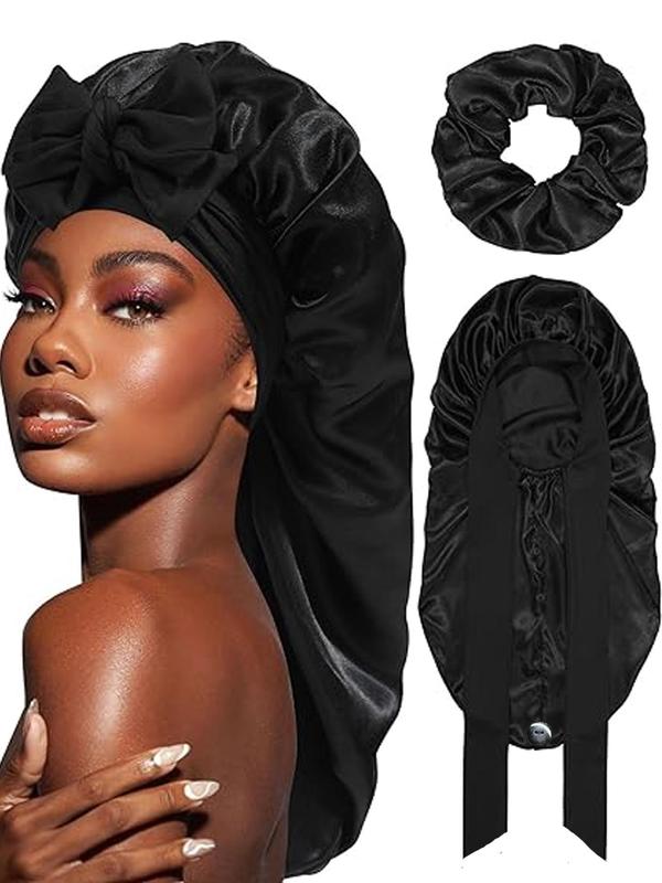 Solid Color Satin Sleeping Bonnet & Hair Tie, Elastic Sleeping Bonnet & Ponytail Holder, Sleeping Bonnet with Elastic Hair Tie Band for Daily Life