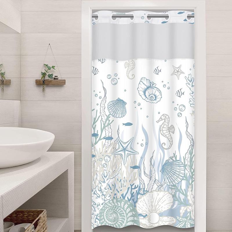 Alishomtll No Hook Shower Curtain with Snap in Liner Seashell Beach Shower Curtain Fabric Waterproof Inner Liner Themed Shower Curtains for Bathroom Decor