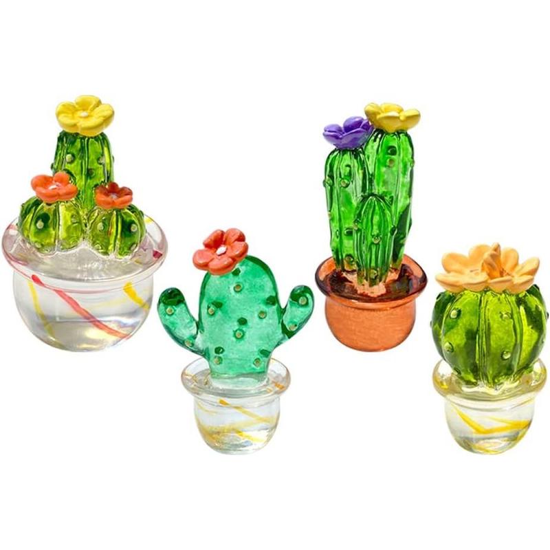 4PCS Handmade Blown Glass Art Cactus Cute Crystal Miniature Cactus Figurines Home Office Desk Tabletop Simulation Plants Decorations Car Inner Ornaments