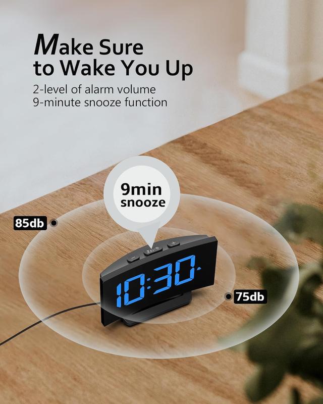 Digital Alarm Clock for Bedroom, Digital Clock with Modern Curved Design, Conspicuous LED Numbers, 5 Levels Brightness+Off,2 Volume, 3 Alarm Tones, Snooze, Power-Off Memory, 12 24H Decor Gift