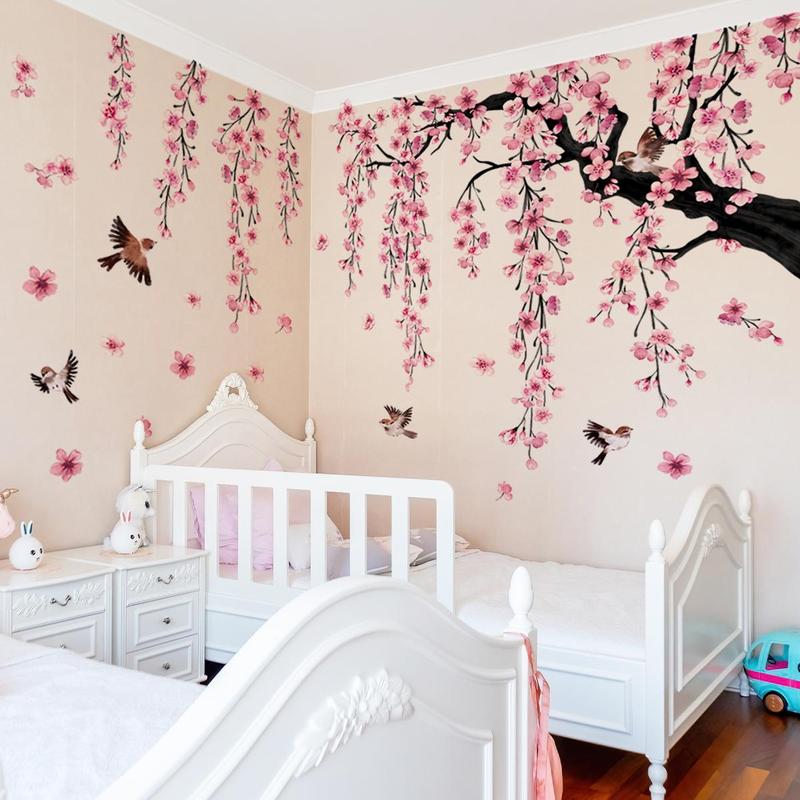 Peach Blossom Tree & Bird Pattern Wall Sticker, 4 Sheets set Self Adhesive Wall Decal, Decorative Sticker for Home Living Room Bedroom