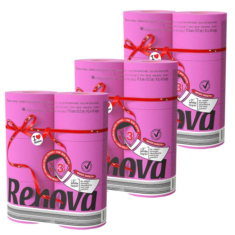 Renova 18 Pink Toilet Paper Jumbo Rolls- 3 Packs of 6 loo - 180 Sheets Each - 3 Ply - EMAS & Ecolabel Certified - Dermatologically & Gynecologically Tested - Elevate Your Restroom with Sustainable Luxury - Soft, Strong & Sustainable