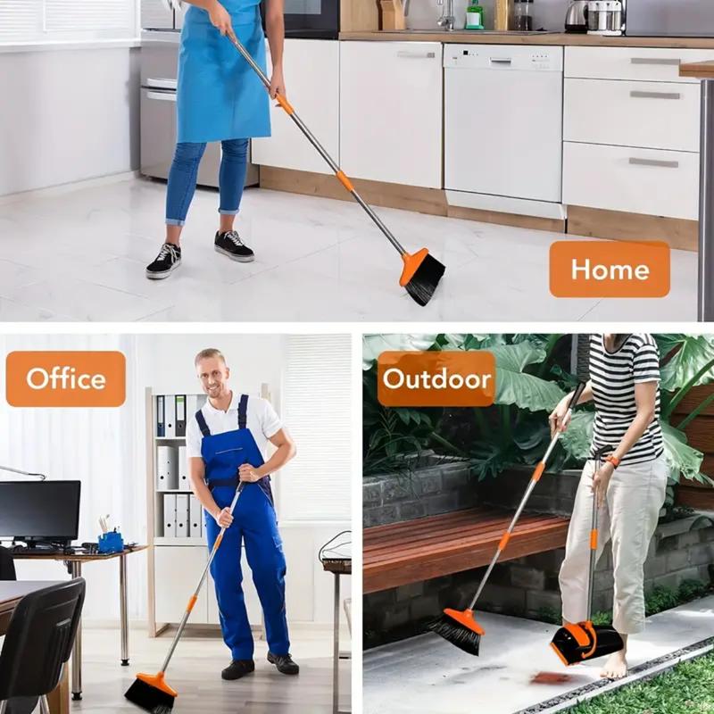 2024 Upgrade Broom and Dustpan Set, Self-Cleaning with Dustpan Teeth, Indoor&Outdoor Sweeping, Ideal for Dog Cat Pets Home Use, Stand Up Broom and Dustpan (Gray&Orange) Comfortable