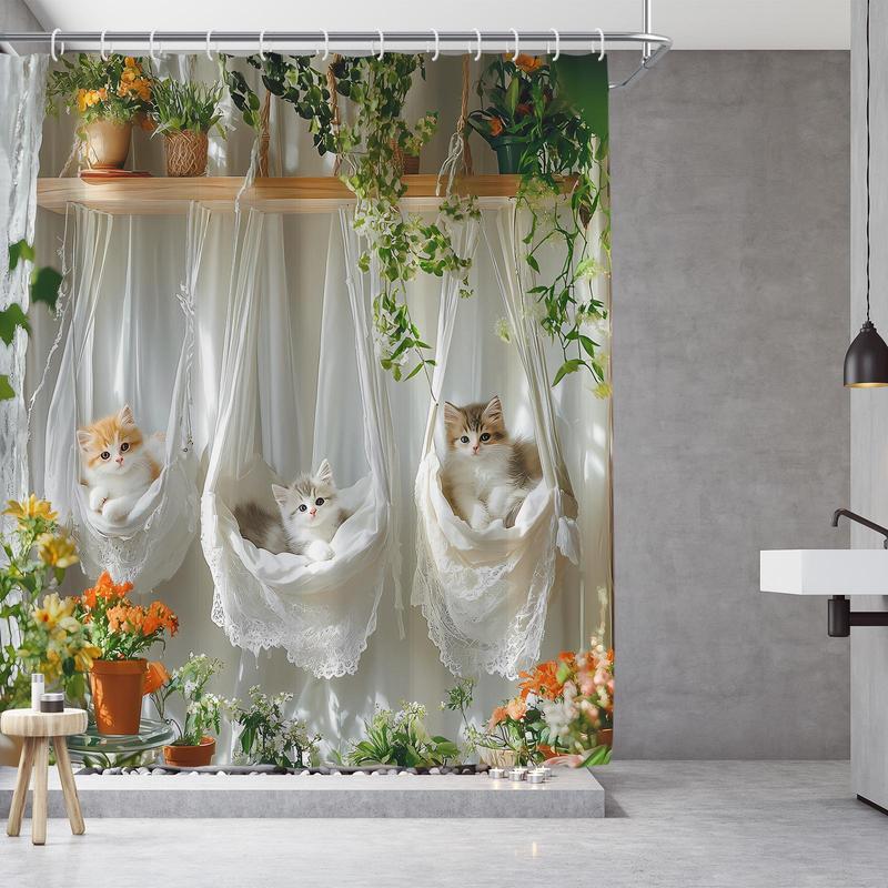 Cute Cat Pattern Shower Curtain, Floral & Cat Pattern Bathroom Curtain with 12 Hooks, Bathroom Decoration Supplies for Home Hotel Salon Dormitory