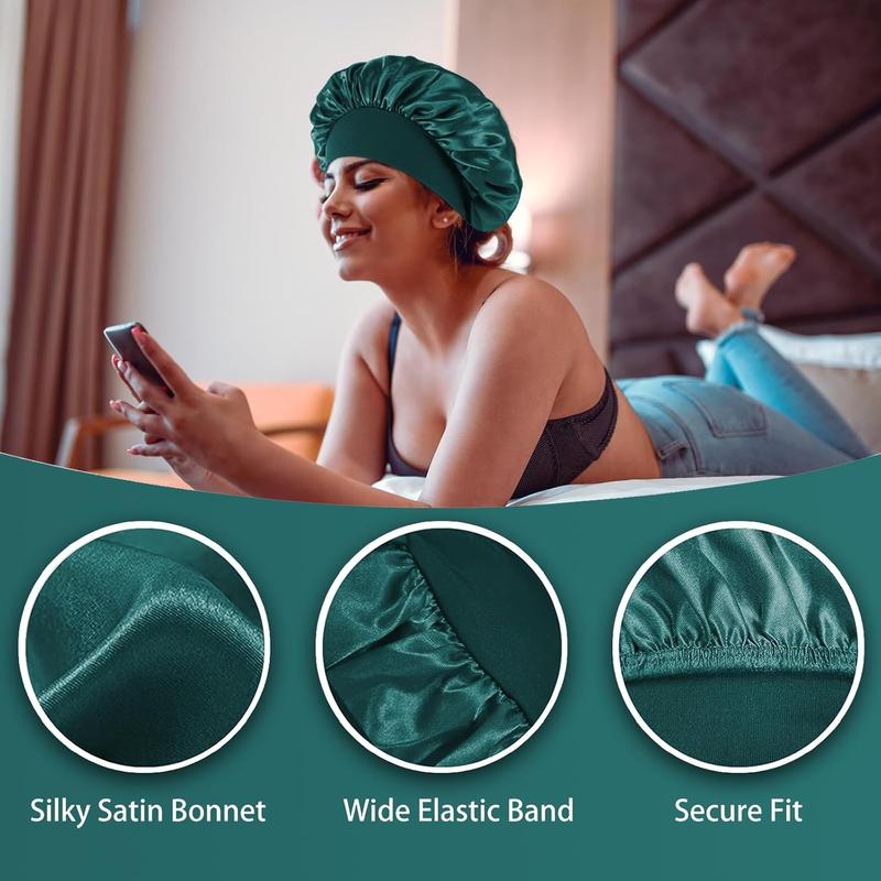 4 Count Silk Bonnet for Sleeping,Hair Satin Bonnets for Black Women Men,Hair Wrap Cap for Curly Hair,Elastic Wide Band Hair Bonnet Shower Cap for Sleeping (Black & Peacock Blue & Pink & Khaki)