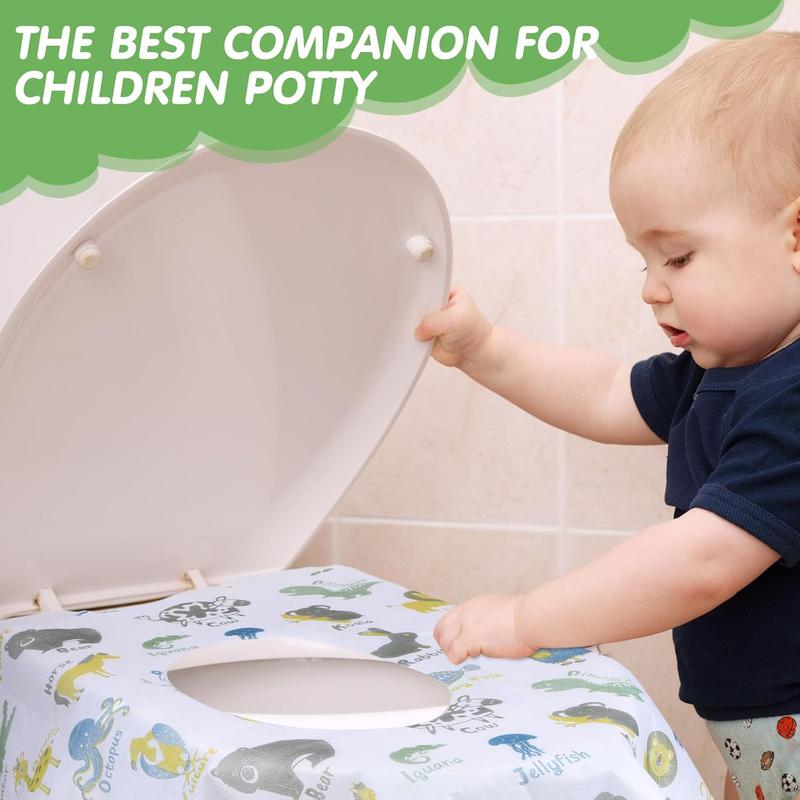 50 Packs Disposable Toilet Seat Covers Extra Large Individually Wrapped for Kids and Adults, Portable Non Slip Waterproof Potty Seat Covers for Toddlers Potty Training, Travel (Animal)