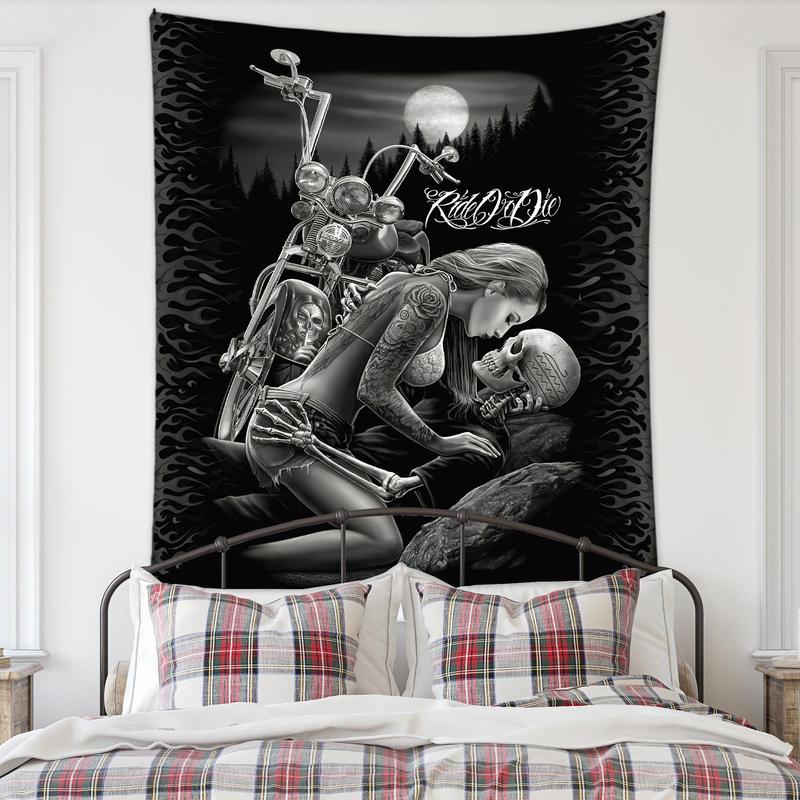 Halloween Motorcycle & Couple Pattern Tapestry, Halloween Decor Gothic Style Wall Hanging, Wall Decor for Home Living Room Bedroom Office Dormitory