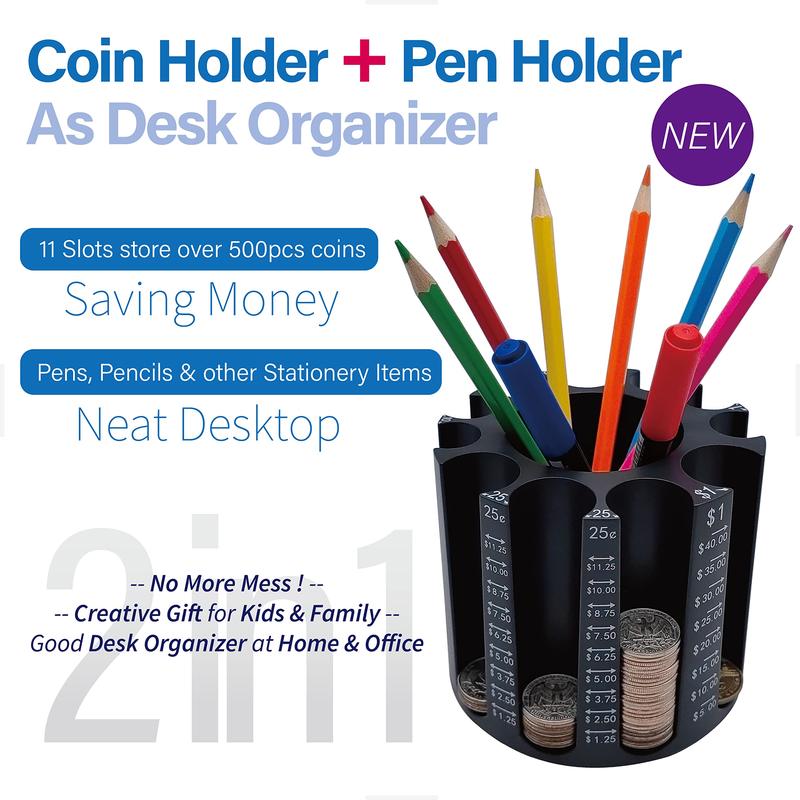 Coin Counter Coin Sorter｜Pen Holder + Coin Holder as Desk Organizer｜Piggy Bank for Adults & Kids + Pencil Holder for Desk｜Coin Wrappers Coin Bank store 500pcs｜Creative Gifts for Kids & Family Decor Set