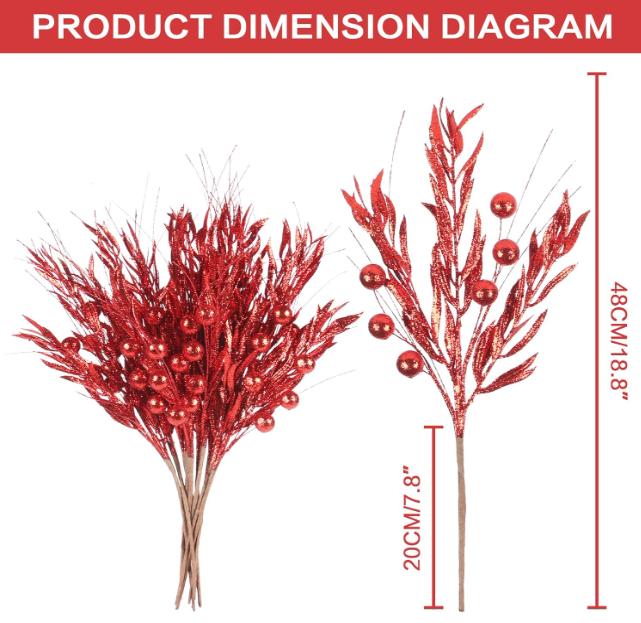 10PCS Artificial Glitter Berry Stems Branches for Christmas Tree Ornaments Picks Twigs Xmas Vase Filler Home Wedding Holiday Decor - Red