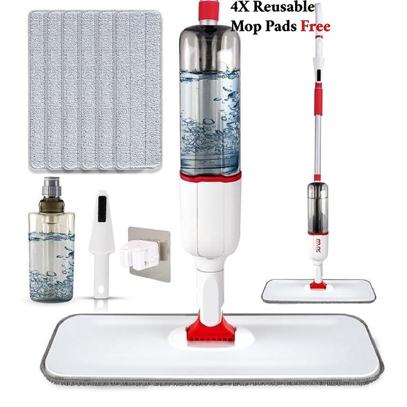 360° Spray Mop Set with 6 Mop Head Replacements, 1 Scraper, 1 Mop Holder, and 1 Refillable Bottle - Wet and Dry Cleaning Option for All Surfaces