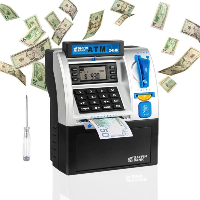 ATM Piggy Bank for Real Money, Digital Electronic Saving Safe Machine Box with Debit Card, Bill Feeder, Coin Recognition, Balance Calculator, Password Lock Case, Gift for Kids Boys Girls