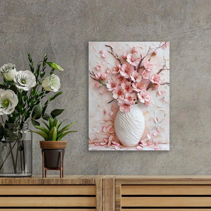 Charming Pink Floral Vase Canvas Art , Textured Background with Green Leaves & Light Beige Walls - Perfect for Living Room Decor(Frameless)