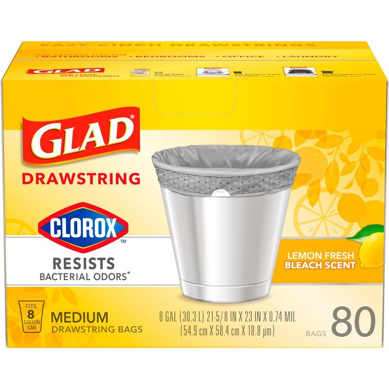 Glad Trash Bags, Medium Drawstring Garbage Bags with Clorox, 8 Gallon Grey Trash Bags, Lemon Fresh Bleach Scent, (Package May Vary), Lemon, 80 Count No brand