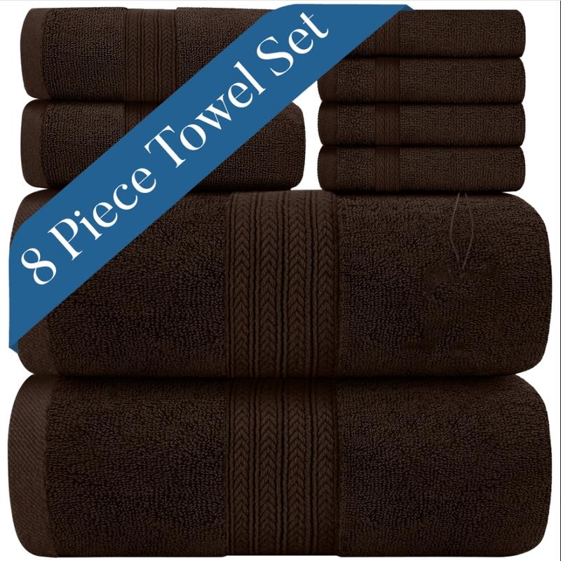 100% Cotton Luxury Bath Towel Set of 8 - Brown | 2 Bath Towels, 2 Hand Towels & 4 Wash Cloths | Durable, Quick Dry, Soft & Highly Absorbent Towels for Bedroom, Gym, Hotel & Spa